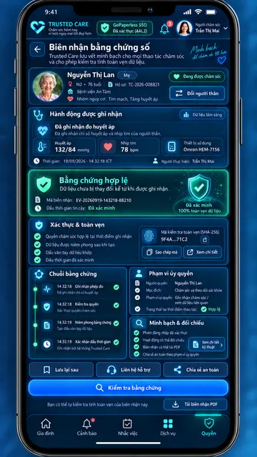 Ứng dụng người chăm sóc — Biên nhận bằng chứng có mã băm & dấu thời gian