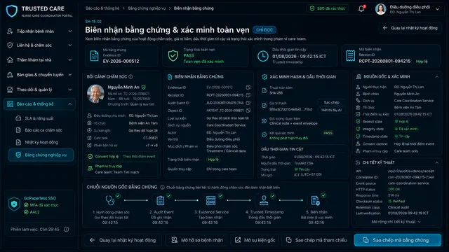 Cổng điều dưỡng và điều phối viên chăm sóc — Biên nhận bằng chứng có mã băm & dấu thời gian