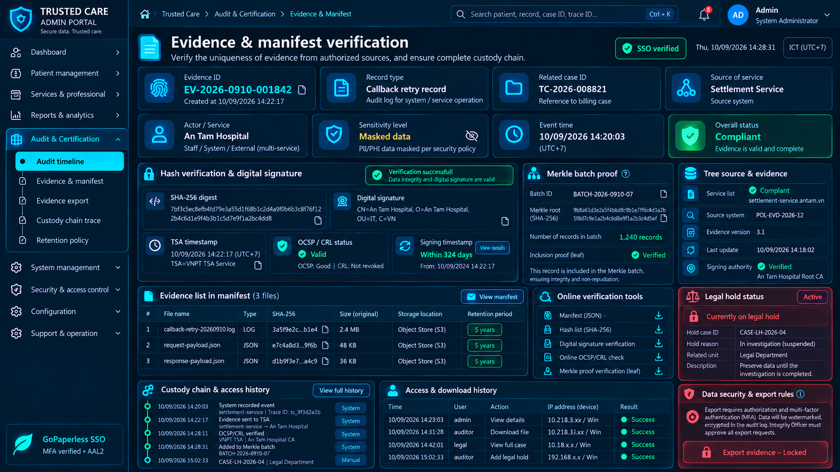 Admin Portal — Evidence Receipt With Hash And Timestamp