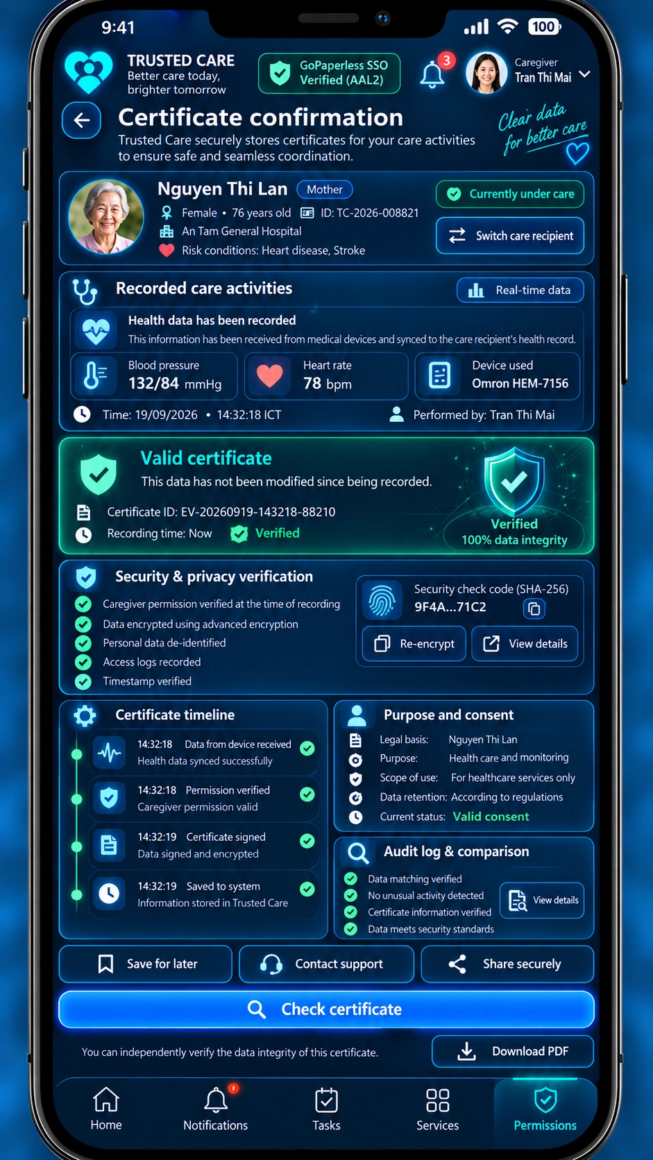 CareGiver App — Evidence Receipt With Hash And Timestamp