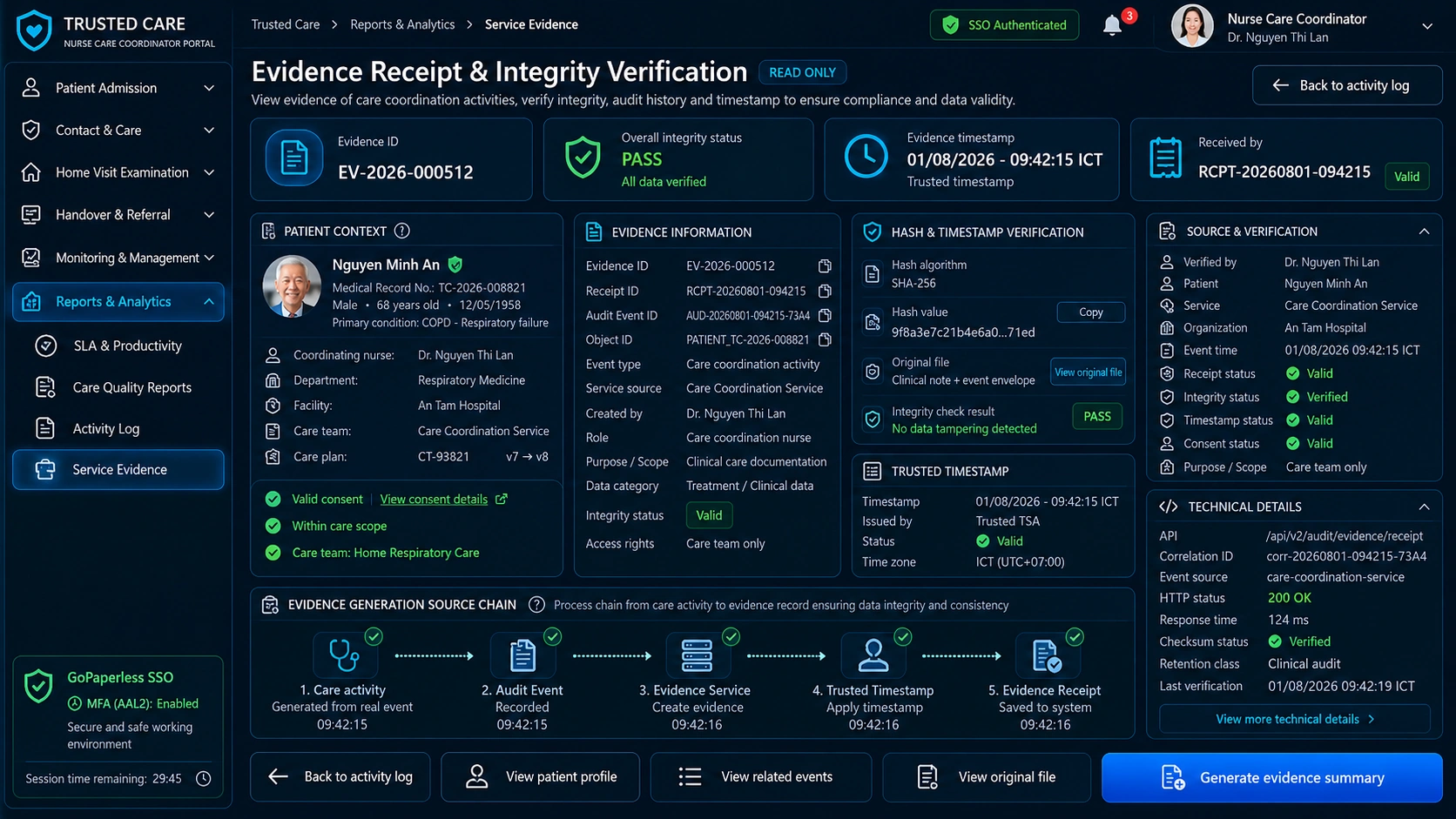 Nurse & Care Coordinator Portal — Evidence Receipt With Hash And Timestamp